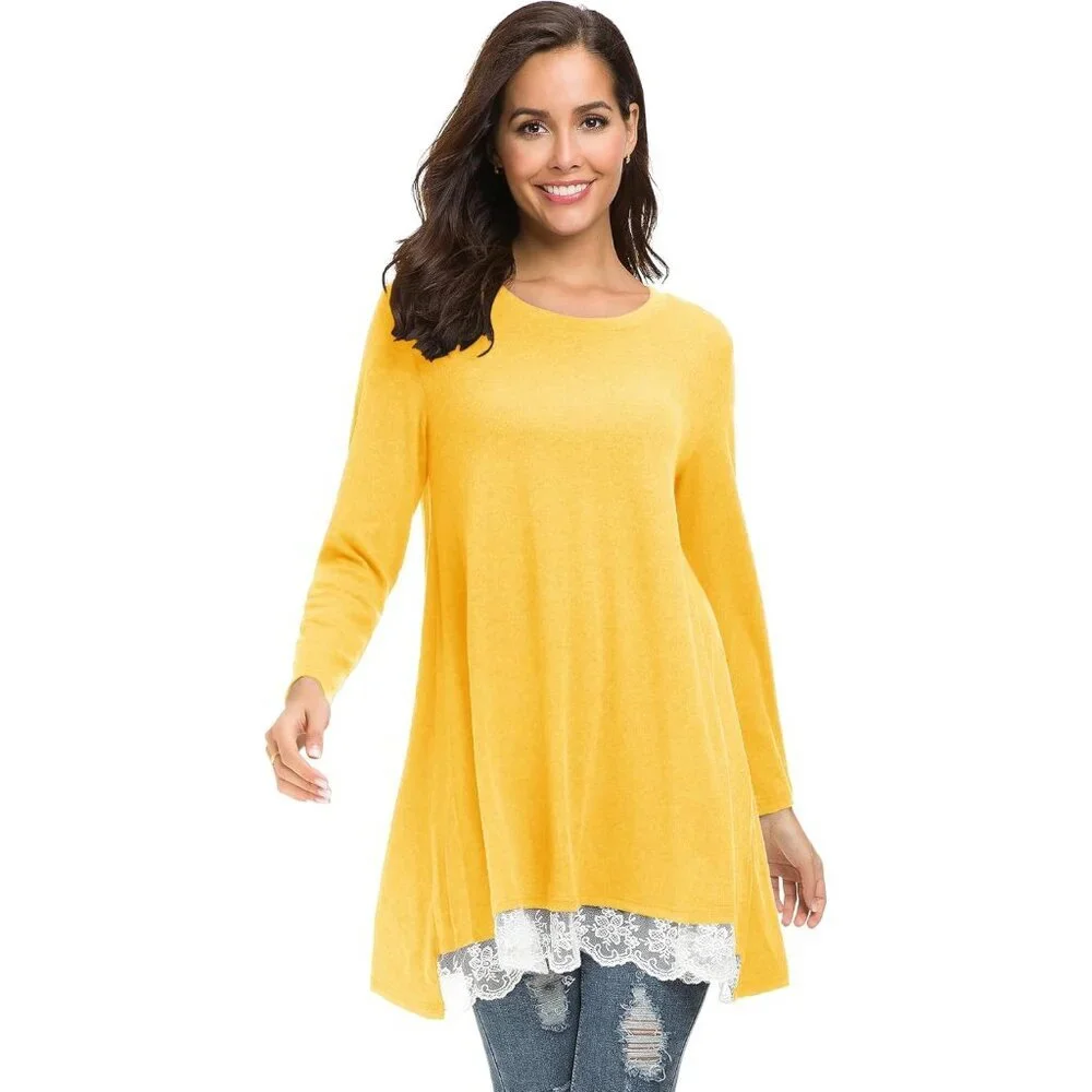 Women Lace Long Sleeve A-line Swing T-Shirt Casual Tunic Top Dress - Picture 3 of 7